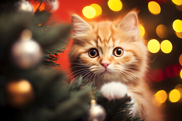 Cute cat in Santa's hat on Christmas tree background