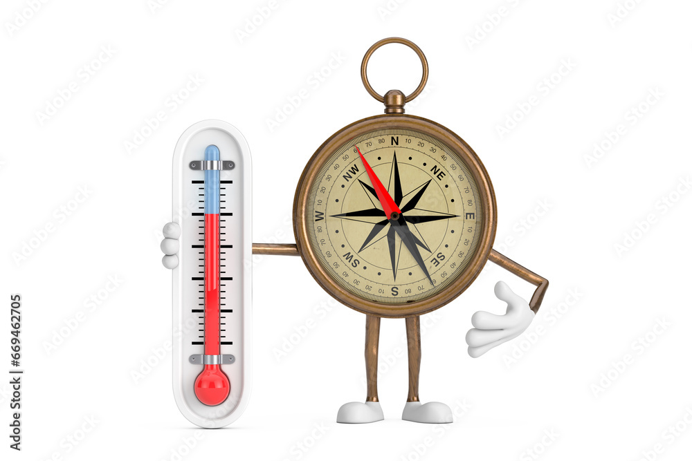 Sticker antique vintage brass compass cartoon person character mascot with outdoor thermometer. 3d rendering