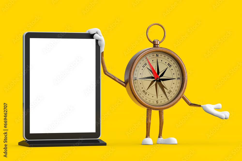 Poster antique vintage brass compass cartoon person character mascot with blank trade show lcd screen displ