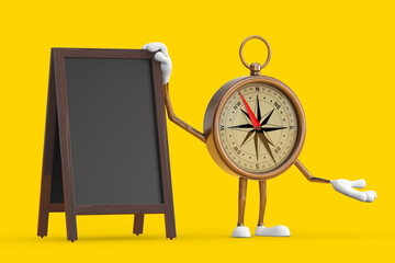 Antique Vintage Brass Compass Cartoon Person Character Mascot with Blank Wooden Menu Blackboards Outdoor Display. 3d Rendering