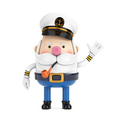 Cute Cartoon Mascot Ship Captain Person Character in Uniform Waving Hand. 3d Rendering