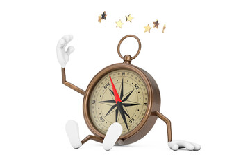 Seated Antique Vintage Brass Compass Cartoon Person Character Mascot with Stars Around Head. 3d...