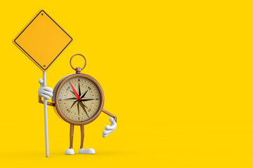 Antique Vintage Brass Compass Cartoon Person Character Mascot and Yellow Road Sign with Free Space for Yours Design. 3d Rendering