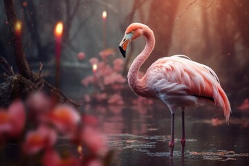 Serene Flamingo dreamy forest. Animal beauty. Generate Ai