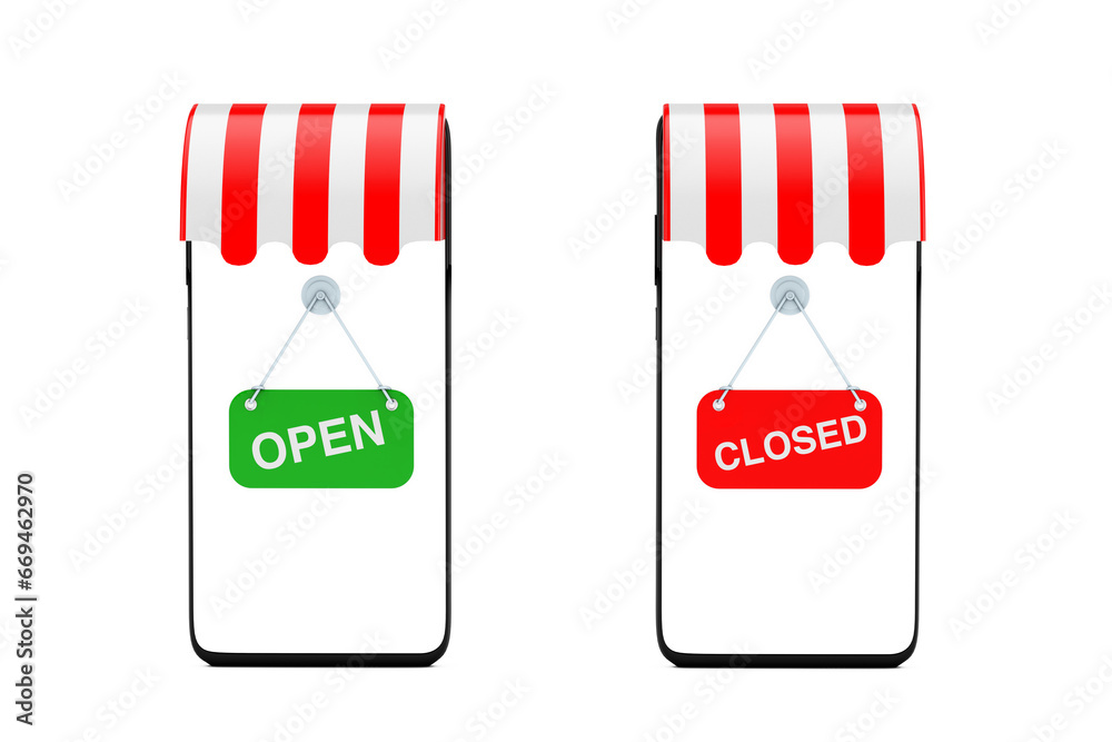 Aufkleber blank screen mobile phone mockup with store awning or shop canopy and open and closed sign boards. 3