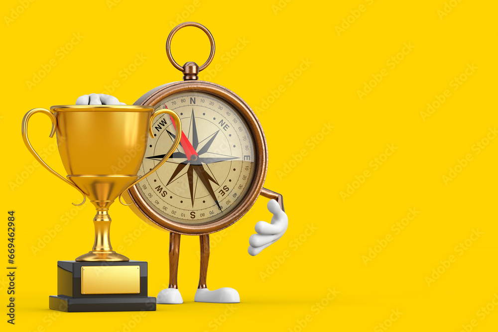 Sticker antique vintage brass compass cartoon person character mascot with golden award trophy. 3d rendering