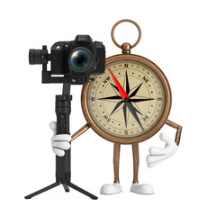 Antique Vintage Brass Compass Cartoon Person Character Mascot with DSLR or Video Camera Gimbal Stabilization Tripod System. 3d Rendering