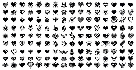 Heart silhouette on a transparent background, holiday set with elements of decorative patterns, plants and animals, black and white drawing, many vector elements for stencil.