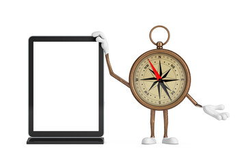 Antique Vintage Brass Compass Cartoon Person Character Mascot with Blank Trade Show LCD Screen Display Stand as Template for Your Design. 3d Rendering