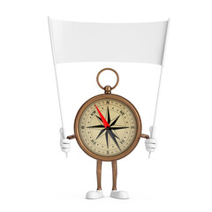 Antique Vintage Brass Compass Cartoon Person Character Mascot  and Empty White Blank Banner with Free Space for Your Design. 3d Rendering