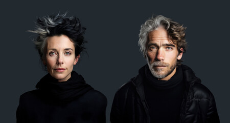 Ageing image of a man and a woman portrait isolated on gray studio background - half of the face is old, the other half young