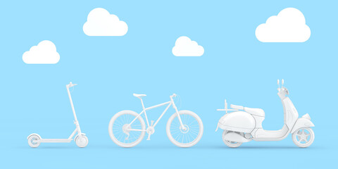 White Modern Eco Electric Kick Scooter, White Mountain Bike and White Classic Vintage Retro or Electric Scooter in Clay Style. 3d Rendering
