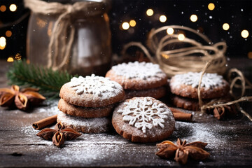 Obraz na płótnie Canvas Christmas cookies on wooden table background with blurred lights