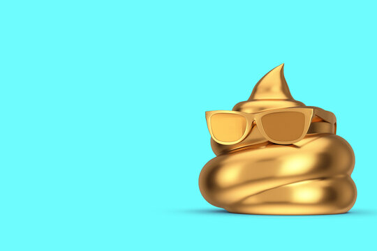 Golden Piece of Shit Cartoon Poop Icon with Sunglasses. 3d Rendering