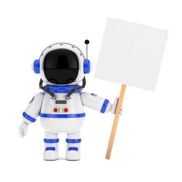Cute Cartoon Mascot Astronaut Character Person Holding a Blank Banner with Free Space for Your Design. 3d Rendering
