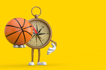 Antique Vintage Brass Compass Cartoon Person Character Mascot with Basketball Ball. 3d Rendering