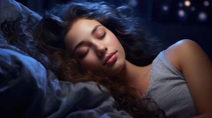 Close up portrait of a young woman sleeping peacefully in a bed