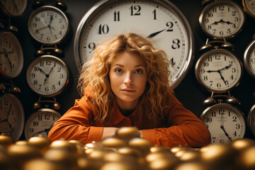 young woman against the background of a clock dial. concept of the problem of lack of free time - obrazy, fototapety, plakaty