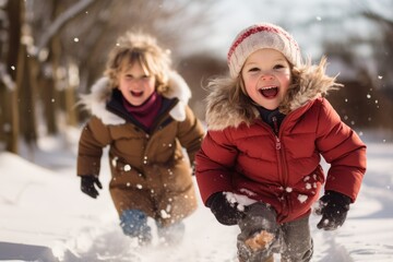 Fototapeta na wymiar A Winter Wonderland: Children Laughing and Sledding Down Snow-Covered Hills in a Park Decorated for Christmas
