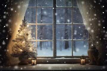 A magical Christmas scene through a frosted window pane, showcasing a beautifully decorated tree, twinkling lights, and snow gently falling outside