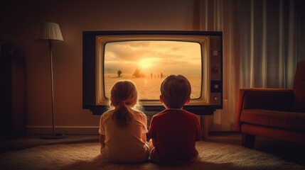 Two kids boy and girl sitting on a floor and watching retro television in an old style room, back view - obrazy, fototapety, plakaty