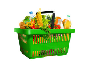 Green Shopping basket with assorted grocery products isolated on white