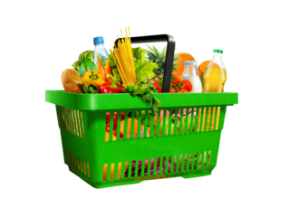 Green Shopping basket with assorted grocery products isolated on white