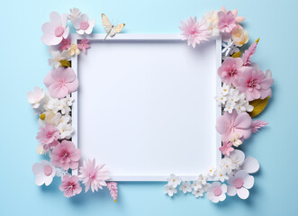 Obraz premium A blank piece of paper with flowers and flowers on light blue background