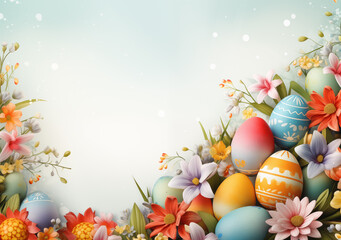 A happy easter card with colorful eggs and flowers banner 