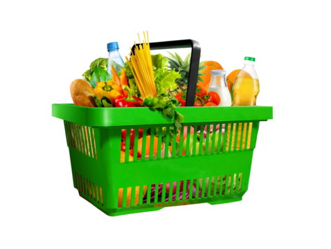 Green Shopping basket with assorted grocery products isolated on white