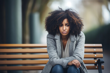 A sad black woman sitting on a bench