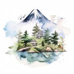Watercolor Japanese pagoda under the mountain