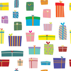 Vector illustration seamless pattern of variety colourful gift box isolated on white background
