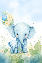 cute baby elephant with balloons, green leafs and flowers on background, watercolor kids illustration in pastel blue colours