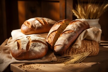 Soft Fresh loaves bread. Bakery pastry wheat. Generate Ai