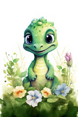 cute green watercolour baby dinosaur poping out of the bushes, cute green baby dinosaur with colourful flowers, watercolor cartoonish style illustration