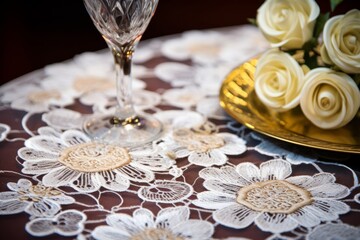 Fototapeta premium A close-up view of the intricate pattern of a lace tablecloth, elegantly spread on a table set for a New Year's Eve dinner