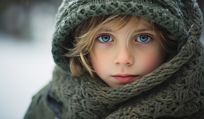 poor child wearing a sweater in winter stock image, in the style of war photography, humor meets heart
