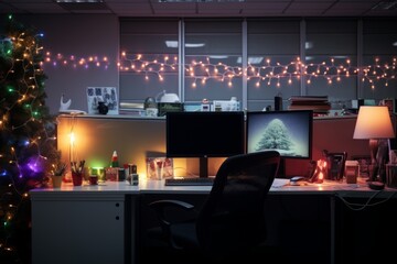 A Festive Office Space Illuminated by the Warm Glow of Christmas Lights Draped Over a Cubicle, Creating a Holiday Atmosphere
