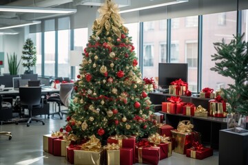 Fototapeta na wymiar A festive office celebration marking December business milestones with a beautifully decorated Christmas tree, sparkling lights, and employees exchanging gifts