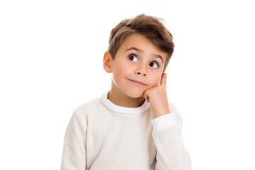 Thinking, face kid with decision on isolated white , copy space