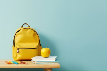 yellow Backpack, next to red apple, pens, notebooks on pale blue background with copy space