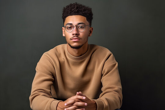 young man in glasses in a sitting position., in the style of light brown and gray, multiculturalism, relatable personality, sense of quiet contemplation