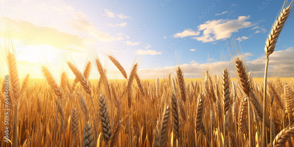 Wall mural yellow agriculture field with ripe wheat and blue sky with clouds over it. field of southern ukraine