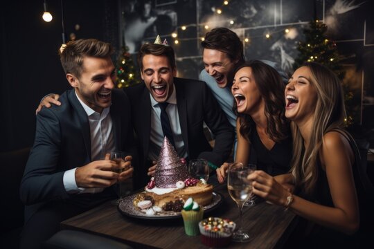 A Group of Joyful Colleagues Sharing Laughter and Sweet Dessert at a New Year's Eve Office Party