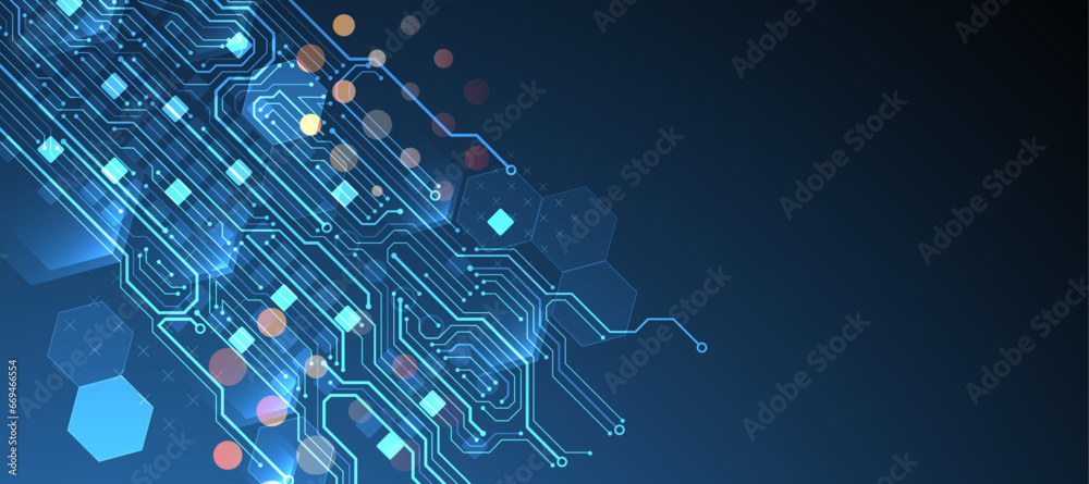 Aufkleber Abstract circuit board and hexagons on gradient color background. Hi-tech digital technology concept.