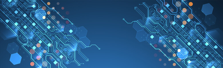 Abstract circuit board and hexagons on gradient color background. Hi-tech digital technology concept.