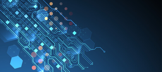 Abstract circuit board and hexagons on gradient color background. Hi-tech digital technology concept.