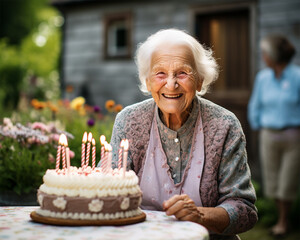 Cake with candles in front of a hundred year old woman whose birthday