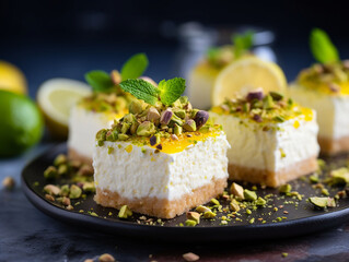 small squares of lemon and coconut cheesecake with pistachios on a black plate